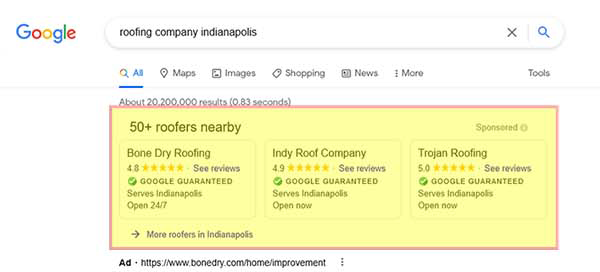 Google SERP page with Google Guaranteed results highlighted