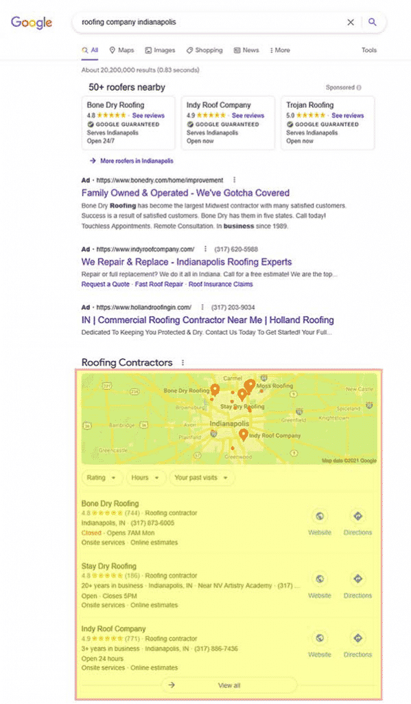 Google SERP page with local seo results highlighted