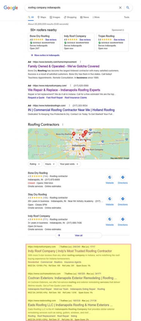 Google SERP page with organic seo results highlighted