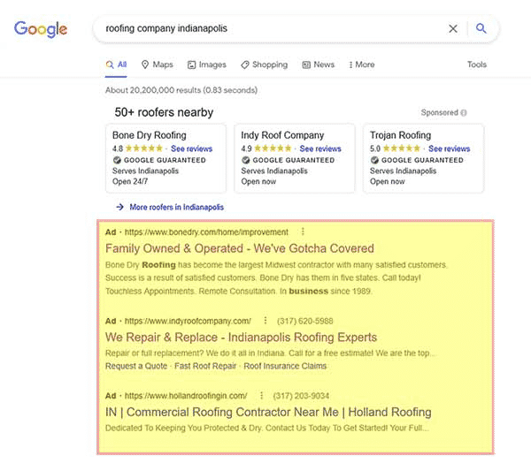 Google SERP page with paid ads highlighted